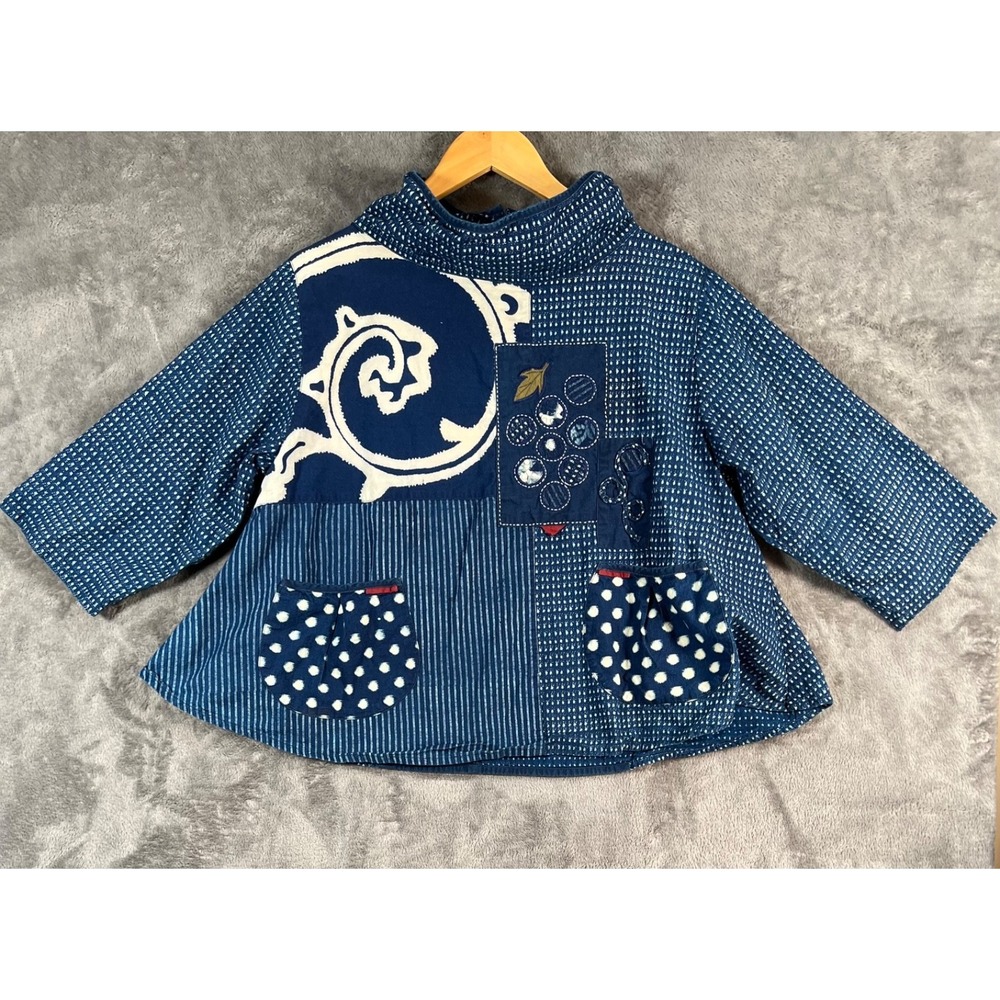 Mao Mom Thailand Top Indigo Blue Boxy Patchwork Artsy Abstract Lagenlook  OS